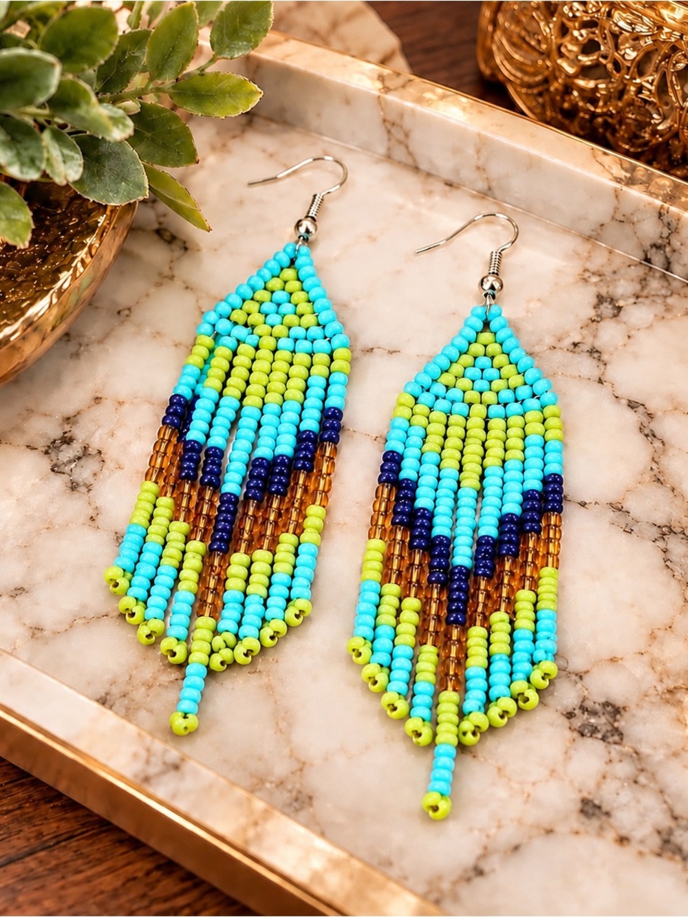 Turquoise & Lime Bead Fringe Earrings